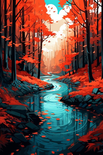 Obraz przedstawiający jesienny las ze strumieniem