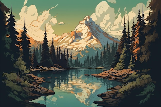 obraz przedstawiający jezioro w górach otoczone drzewami