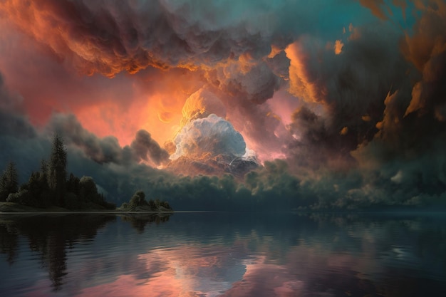 Obraz przedstawiający jezioro z pochmurnym niebem i dużą chmurą z napisem chmura.