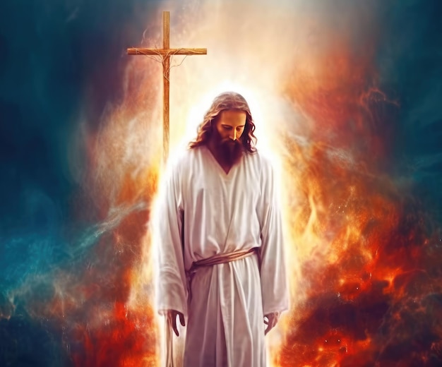 Obraz przedstawiający Jezusa stojącego przed ogniem