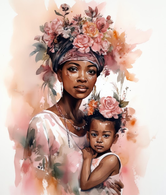 Obraz przedstawiający kobietę i jej córkę z kwiatami na głowach.