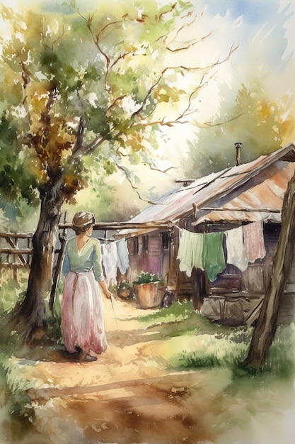 Obraz przedstawiający kobietę idącą przed chatą