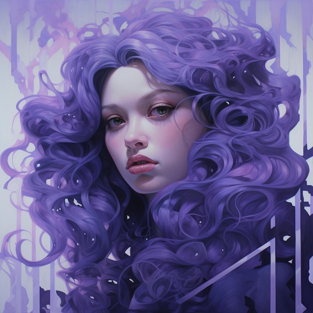 Obraz przedstawiający kobietę o fioletowych włosach i fioletowych włosach.
