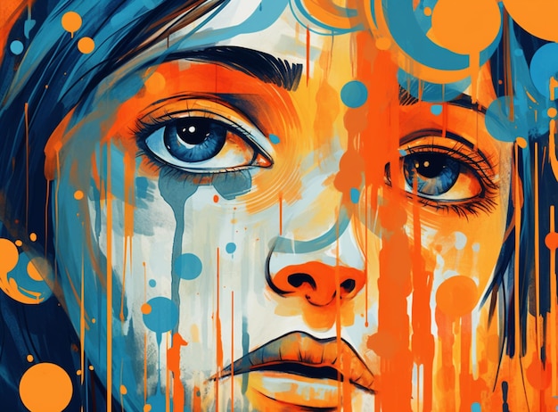 Obraz przedstawiający kobietę o niebieskich oczach na żółto-pomarańczowym tle.