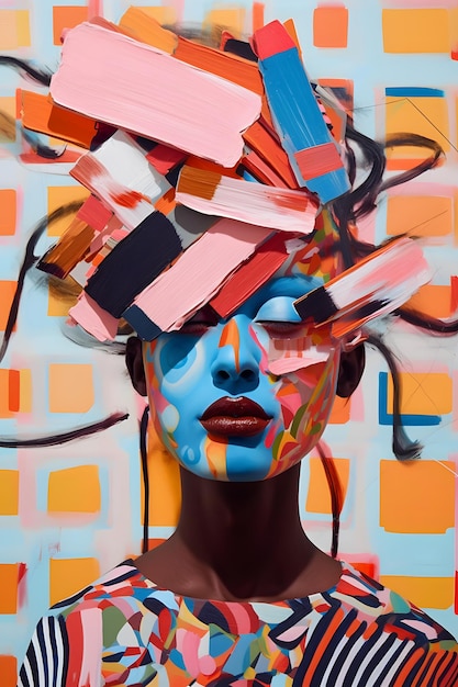 Obraz przedstawiający kobietę o niebieskiej twarzy pomalowanej różnymi kolorami.