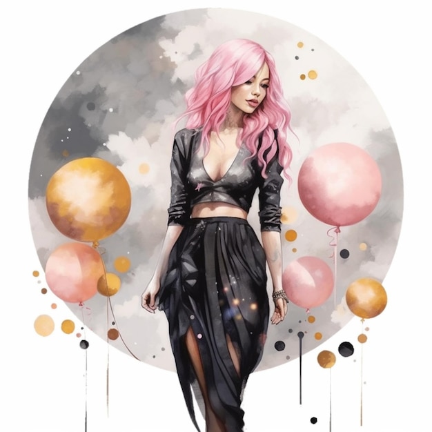 obraz przedstawiający kobietę o różowych włosach i czarnej sukience generatywnej ai