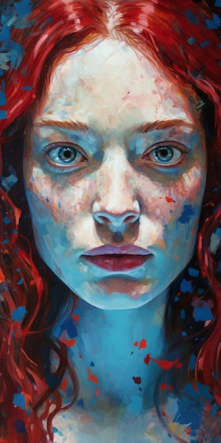 Obraz przedstawiający kobietę o rudych włosach oraz niebieskich i rudych włosach.