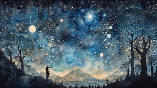 Obraz przedstawiający kobietę patrzącą na gwiazdy na niebie.