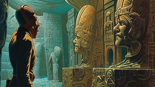 Obraz przedstawiający kobietę patrzącą na posągi w świątyni.