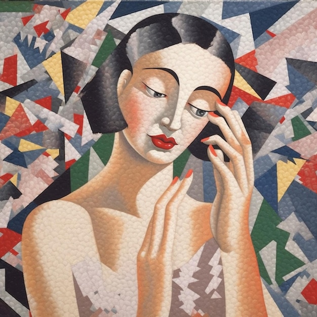 Obraz przedstawiający kobietę rozmawiającą przez telefon komórkowy przed generatywnym ai mozaikowym wzorem