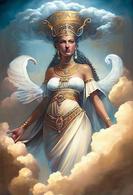 Obraz przedstawiający kobietę w białej sukience ze skrzydłami i białym aniołem na głowie.