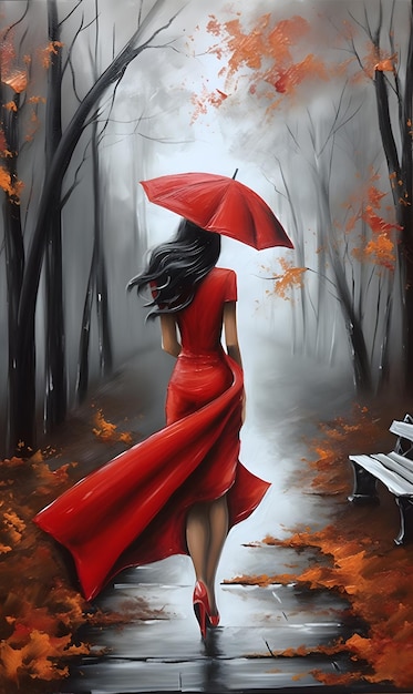 Obraz przedstawiający kobietę w czerwonej sukience z parasolką spacerującą po parku AI generacji