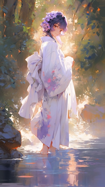obraz przedstawiający kobietę w kimonie spacerującą po strumieniu generatywną ai