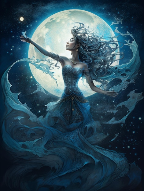 Obraz przedstawiający kobietę w niebieskiej sukience trzymającą generatywną ai księżyca