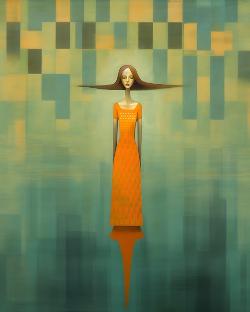 Obraz przedstawiający kobietę w pomarańczowej sukience