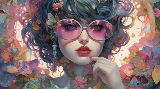 Obraz przedstawiający kobietę w różowych okularach i różowych kwiatach.