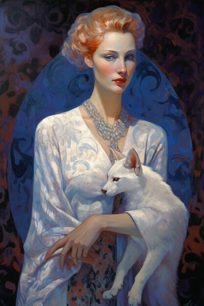 Obraz przedstawiający kobietę z białym lisem.