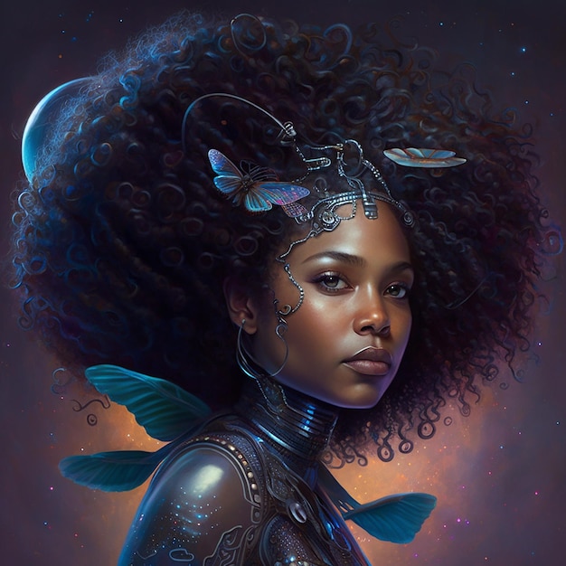 Obraz przedstawiający kobietę z czarnym afro i niebieskimi piórami.