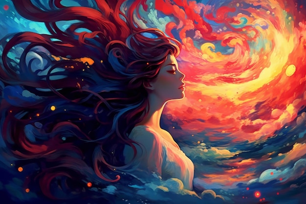 Obraz przedstawiający kobietę z długimi włosami oraz czerwono-niebieskie niebo z chmurami w tle.