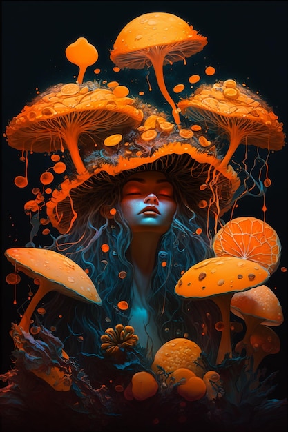 Obraz przedstawiający kobietę z grzybem na głowie