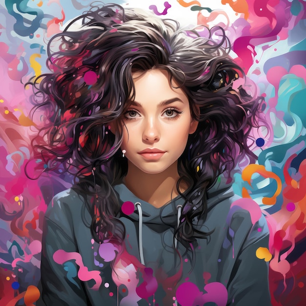 obraz przedstawiający kobietę z kręconymi włosami na kolorowym tle