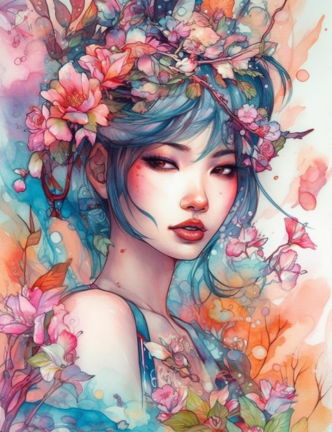 Obraz przedstawiający kobietę z kwiatami na głowie