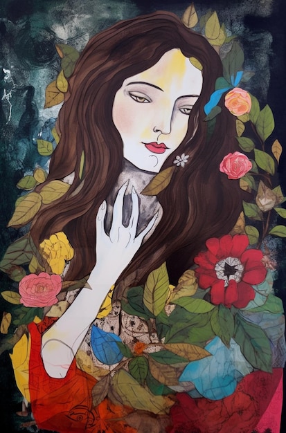 Obraz przedstawiający kobietę z kwiatami na twarzy.