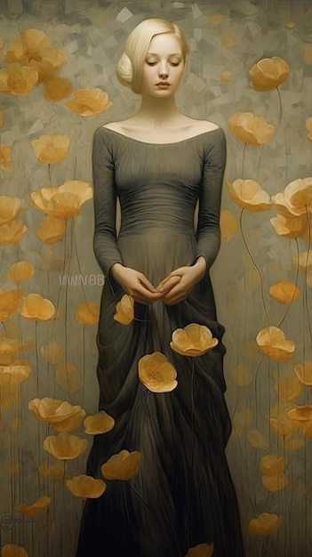 obraz przedstawiający kobietę z kwiatami w dłoniach