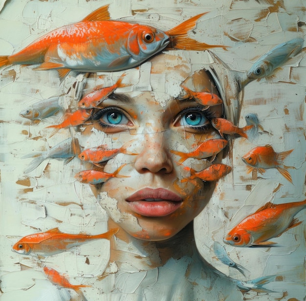 Obraz przedstawiający kobietę z licznymi kolorowymi rybami zrównoważonymi na głowie, pokazujący unikalny