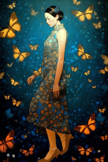 Obraz przedstawiający kobietę z motylami na głowie
