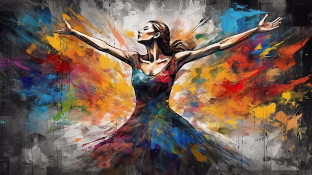 Obraz przedstawiający kobietę z rozpostartymi ramionami i napisem taniec na dole.