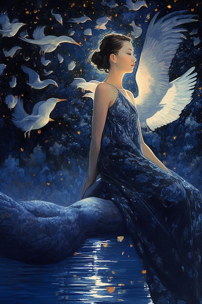 Obraz przedstawiający kobietę ze skrzydłami i zbiornik wodny z białymi ptakami wokół niej.