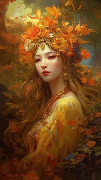 Obraz przedstawiający kobietę ze złotą koroną i liśćmi na głowie.