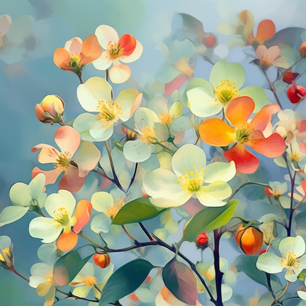 Obraz przedstawiający kolorowe kwiaty jabłoni z szarym generativi ai