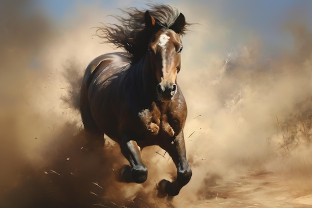 Obraz przedstawiający konia biegnącego Dzika przyroda Zwierzęta Ilustracja generatywna AI