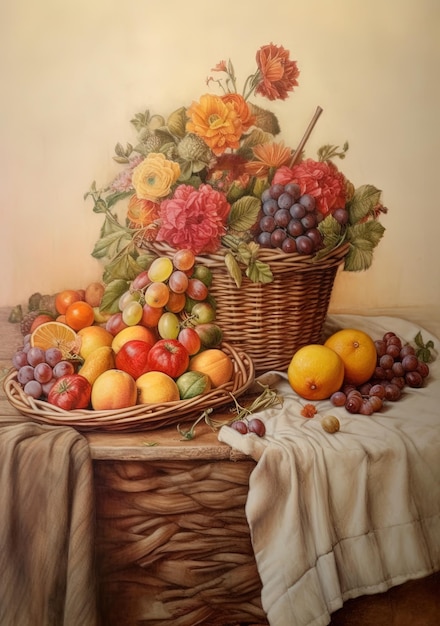 obraz przedstawiający kosz owoców i kosz owoców.