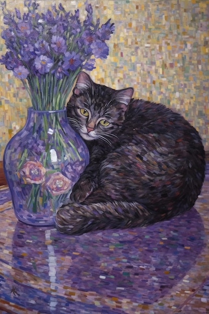 Obraz przedstawiający kota i wazon z kwiatami na stole.