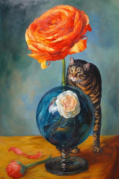 Obraz przedstawiający kota i wazon z kwiatami