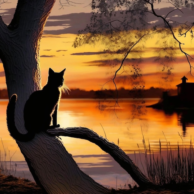 Obraz przedstawiający kota na gałęzi drzewa z zachodem słońca w tle.