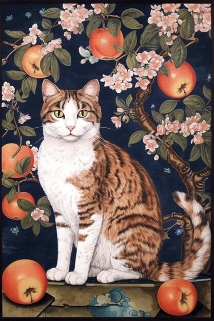 Obraz przedstawiający kota na tle brzoskwini.