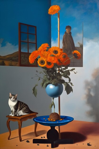 Zdjęcie obraz przedstawiający kota siedzącego na stole z niebieskim wazonem z kwiatami.