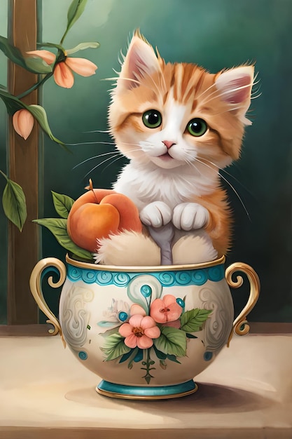 Obraz przedstawiający kota z brzoskwiniami