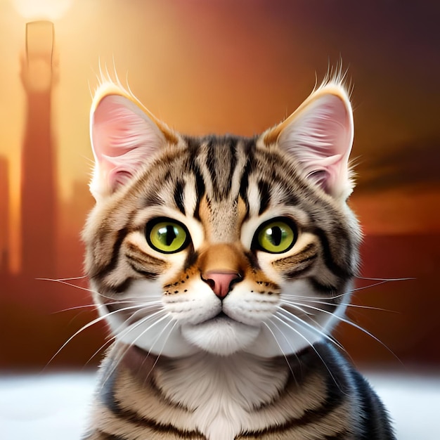 Obraz przedstawiający kota z miastem w tle