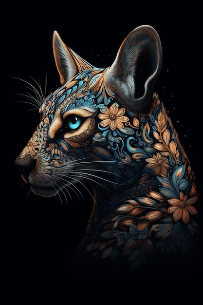 Obraz przedstawiający kota z niebieskimi oczami i kwiatowym wzorem na pyszczku.