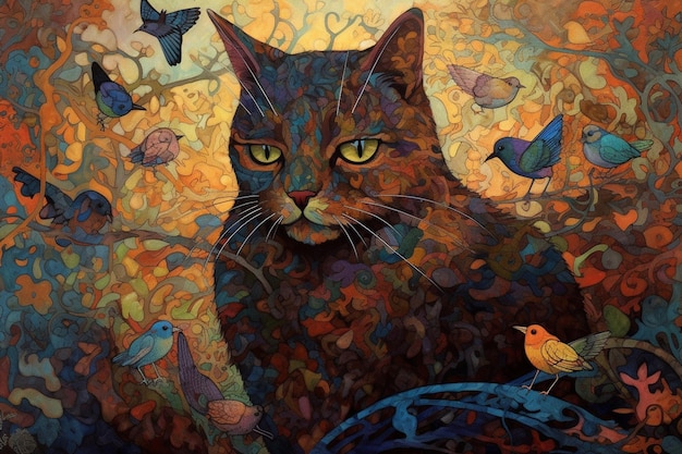 Obraz przedstawiający kota z ptakami