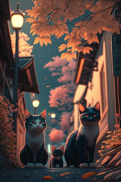 Obraz przedstawiający koty na ulicy z kwiatami.