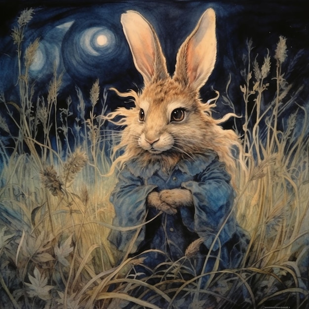 obraz przedstawiający królika w niebieskim płaszczu siedzącego na polu generatywnym AI