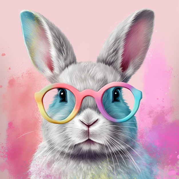 Obraz przedstawiający królika w okularach i tęczowych okularach.