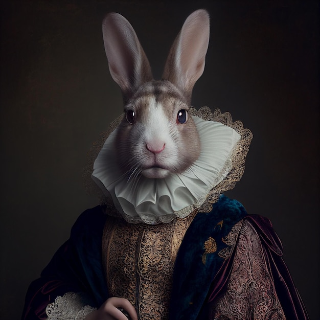 Obraz przedstawiający królika w renesansowym stroju.