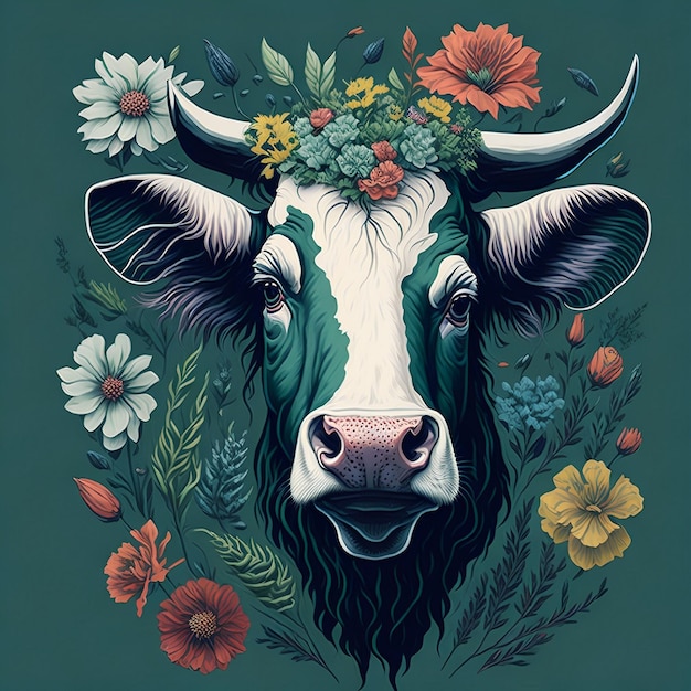 Obraz przedstawiający krowę z wieńcem kwiatowym.